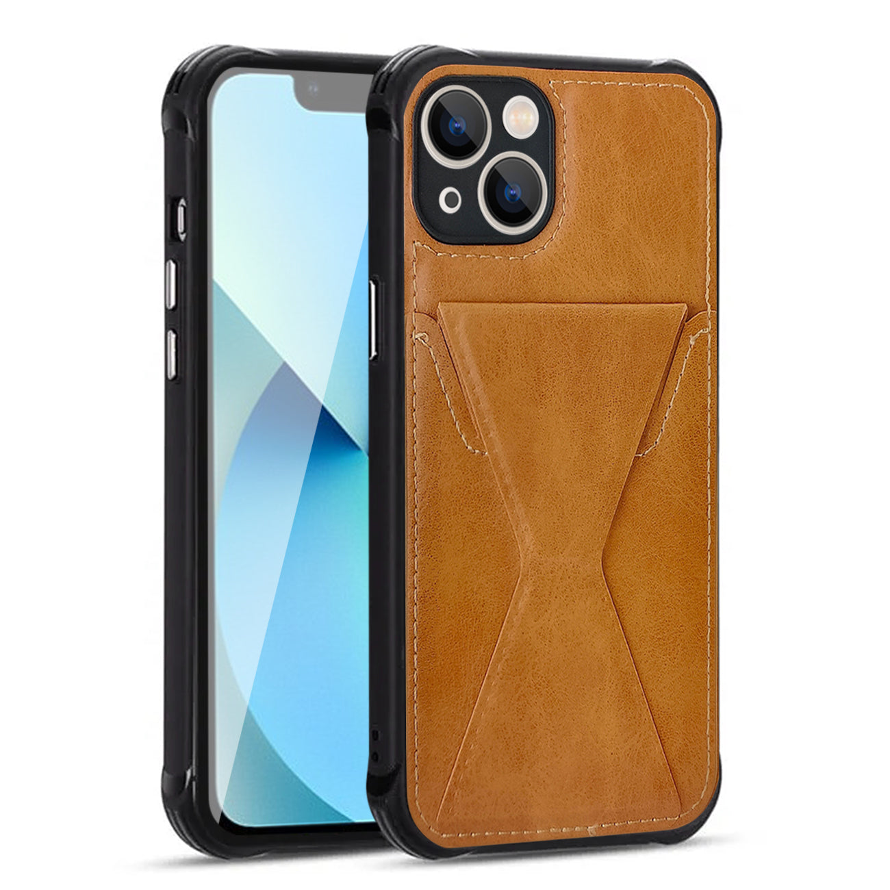 TPU Leather Phone Case for Apple iPhone 13 with Card Holder Strap In Brown